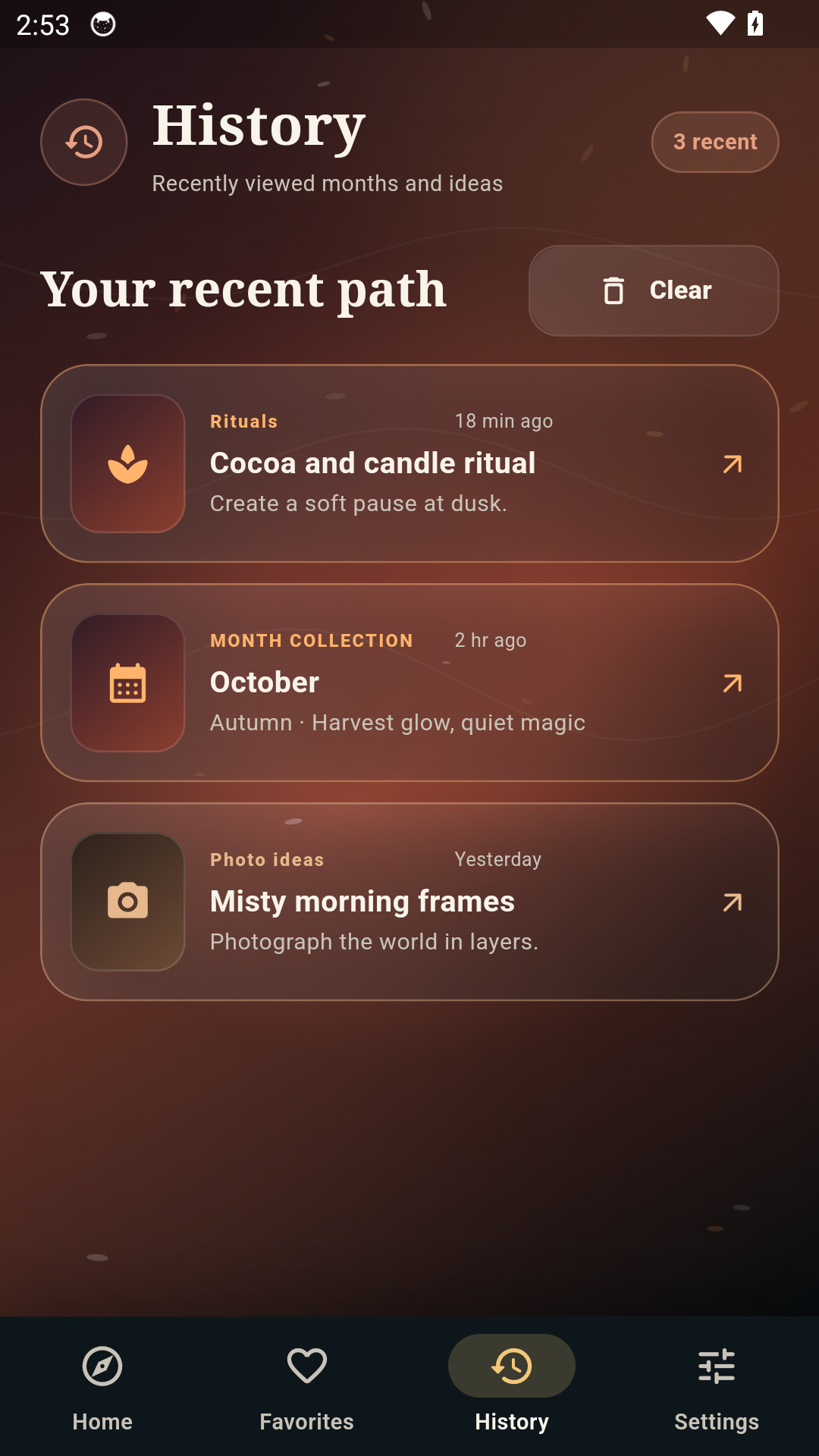 History screen in Seasonal Inspirations